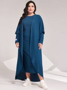 Mulvari Plus Drop Shoulder Open Front Coat & Dress - Teal Blue - View 4