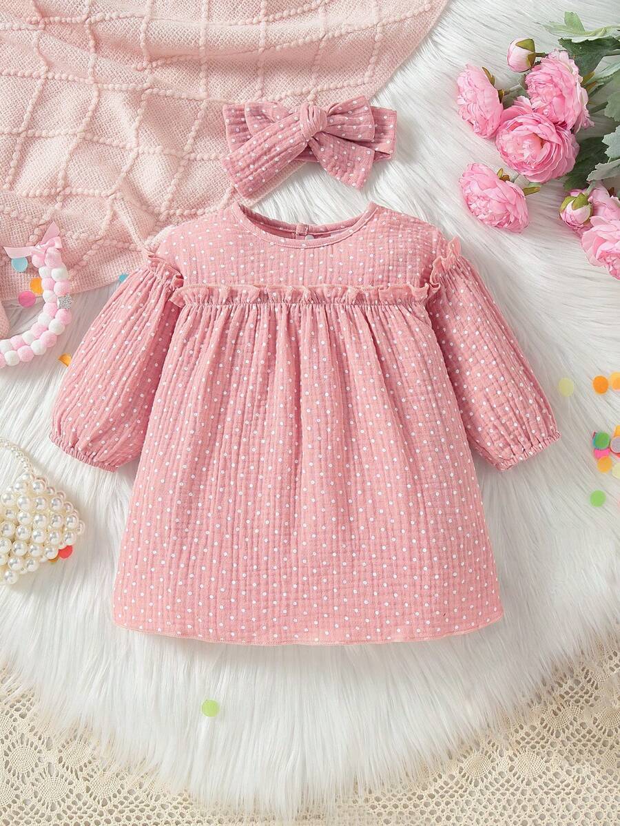 SHEIN Đứa bé gái In vết tròn Polka Lá sen tỉa Đầm & Băng đô đầu - Bụi hồng - Xem 1