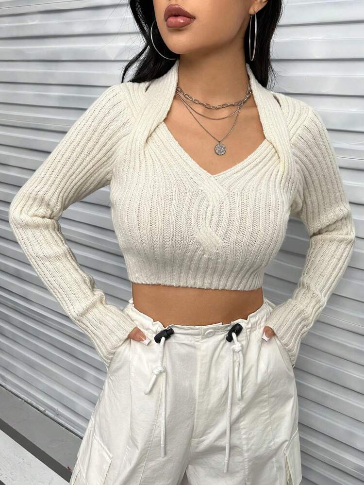 Solid Cut Out Crop Knit Pullover Fall Winter Sweater