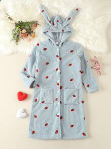 Tween Girl Strawberry Embroidery 3D Ears Design Hooded Flannel Sleep Robe - Blue - View 1