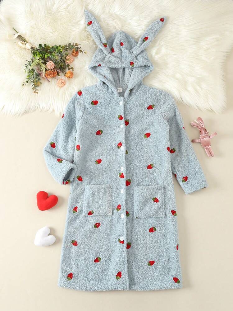 Tween Girl Strawberry Embroidery 3D Ears Design Hooded Flannel Sleep Robe