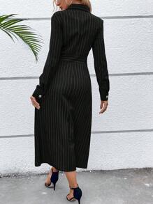 Chiquease 條紋印花翻蓋細節襯衫洋裝 - 黑色 - 查看 3