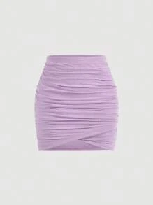 SHEIN MOD 素色褶邊交叉圍裹褶邊包臀半身裙 - 紫色 - 查看 1