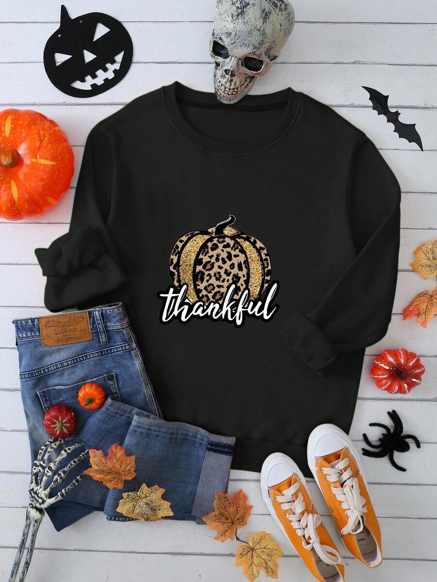 SHEIN EZwear Hơn Quả bí ngô & Đồ họa Chữ cái Áo nỉ - màu đen - Xem 1