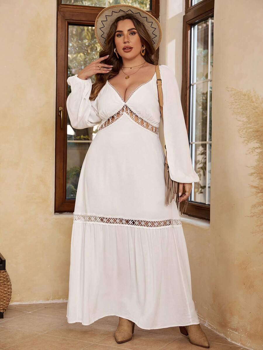 SHEIN VCAY 大碼水溶蕾絲拼接燈籠袖荷葉邊洋裝 - 白色 - 查看 1