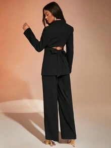 SHEIN BAE Lapel Neck Tie Back Blazer - Black - View 2