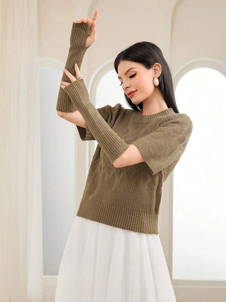 Solid Textured Knit Top With Arm Sleeves