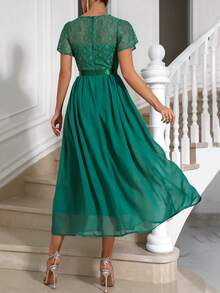 SHEIN Privé 蕾絲拼接蝴蝶袖雪紡洋裝 - 軍綠色 - 查看 2