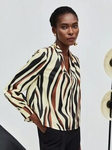 Maija Zebra Striped Print V Neck Blouse - Multicolor - View 5