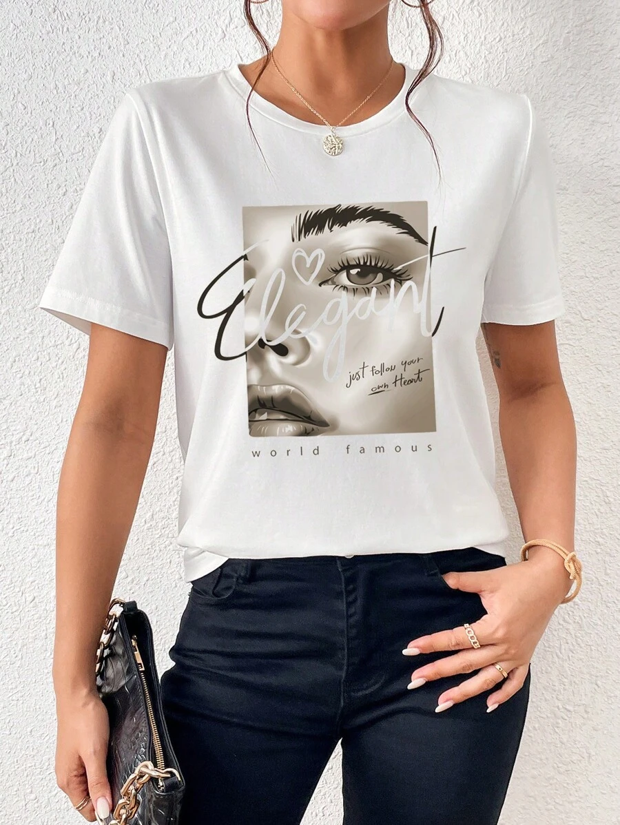 SHEIN Essnce Áo thun nữ Con số Slogan Giải trí - trắng - Xem 1