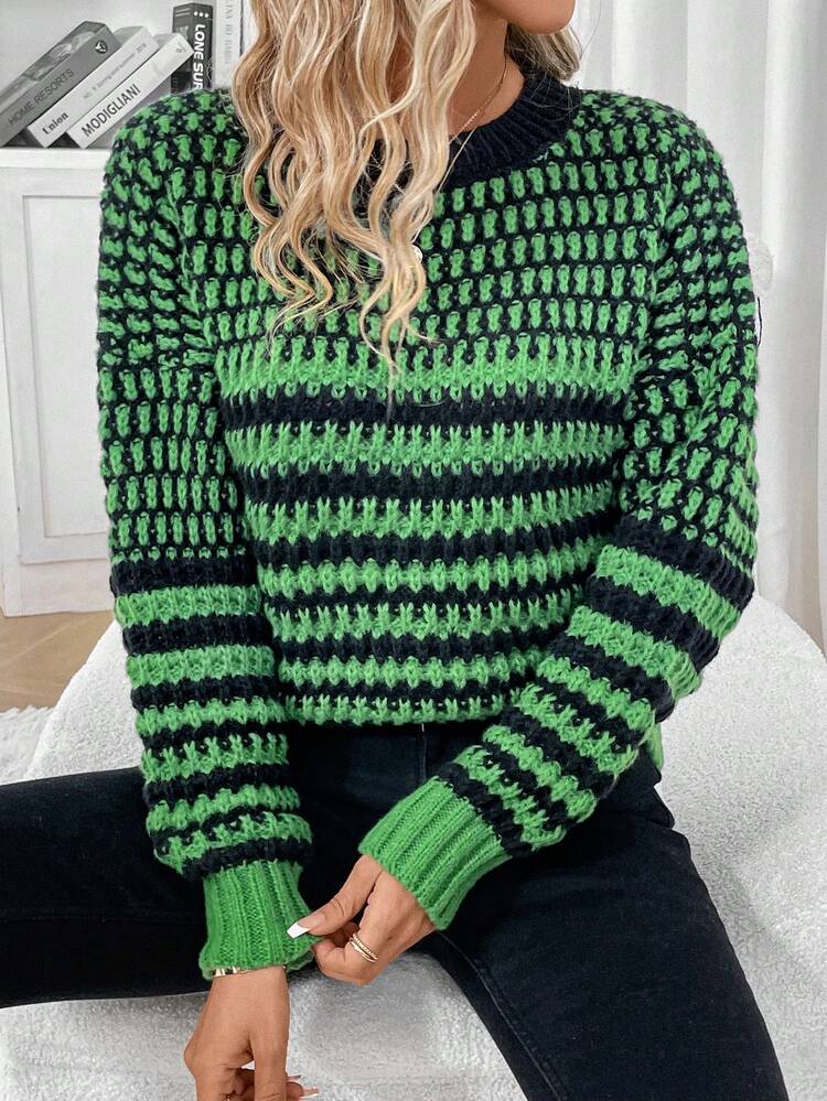 Striped Pattern Drop Shoulder Knit Pullover Fall Winter Sweater