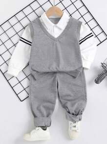 SHEIN Young Boy Toddler Boys Contrast Collar Striped 2 In 1 Pullover & Sweatpants - Grey - View 1