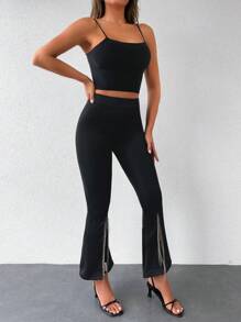 RueChic Rhinestone Fringe Trim Split Hem Flare Leg Pants - Black - View 4