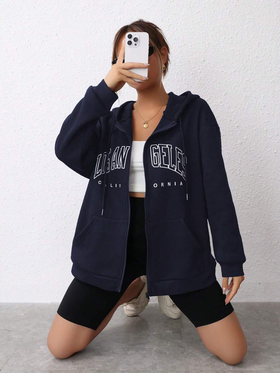 SHEIN EZwear Capucha con estampado de letra con cremallera de hombros caídos con cordón con forro térmico - Azul Marino - Ver 1