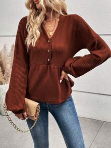 SHEIN Essnce 半排扣落肩袖荷葉邊下擺T恤 - 紅木色 - 查看 3