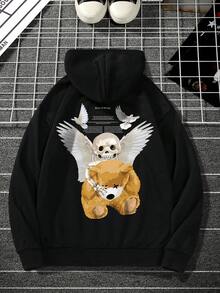 Manfinity EMRG 男士帶骷髏和卡通熊印花帽衫 - 黑色 - 查看 4