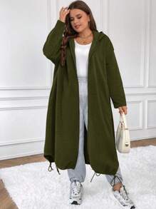 SHEIN Frenchy Áo nỉ cỡ lớn có khóa kéo, vai rớt, gấu áo có dây rút - xanh quân đội - Xem 3