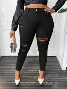 SHEIN SXY Vaqueros Pitillo Rasgados De Talla Grande - Negro - Ver 3