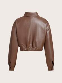 Muchica 翻蓋口袋落肩袖PU皮革夾克 - 棕色 - 查看 2