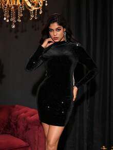 Allurite Fringe Trim Backless Velvet Bodycon Dress - Black - View 5