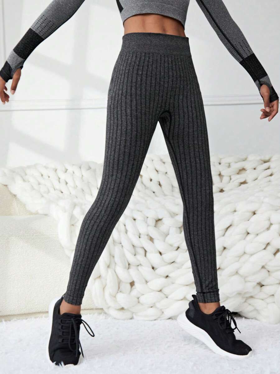 SHEIN Tween Girl Ribbed Knit Tummy Control Sports Leggings - Multicolor - View 1