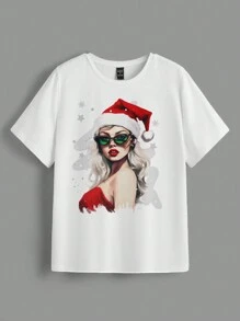 SHEIN EZwear 聖誕圖案T恤 - 白色 - 查看 1