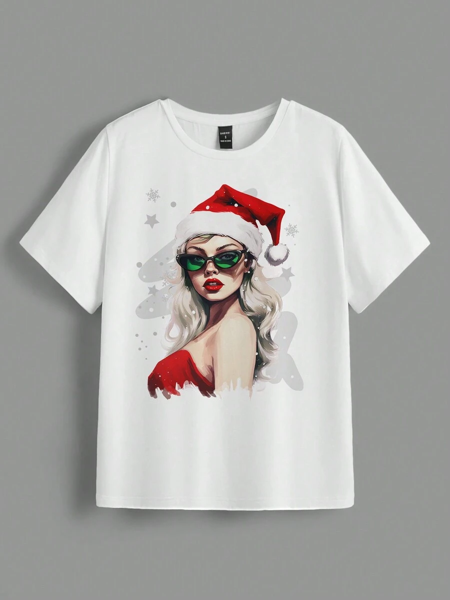 SHEIN EZwear 聖誕圖案T恤 - 白色 - 查看 1
