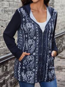 SHEIN LUNE Abrigo con capucha con estampado de paisley con cremallera - Azul Marino - Ver 4