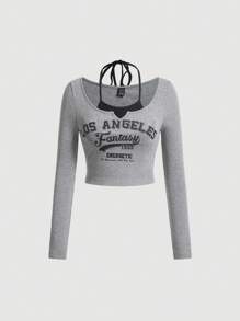 SHEIN MOD Letter Graphic Tie Back Crop Tee - Grey - View 1