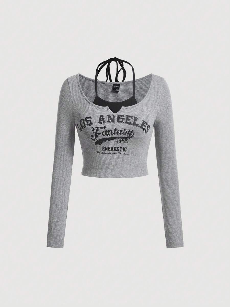 SHEIN MOD Letter Graphic Tie Back Crop Tee - Grey - View 1