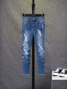 SHEIN Tween Boy Ripped Frayed Raw Trim Ripped Frayed Bleach Wash Jeans - Dark Wash - View 1