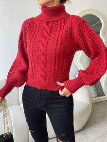 SHEIN Essnce Turtleneck Cable Knit Lantern Sleeve Sweater - Burgundy - View 3