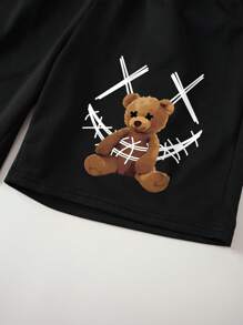 Manfinity Dauomo Nam Đồ họa hoạt hình gấu Eo dây rút Quần short - màu đen - Xem 4