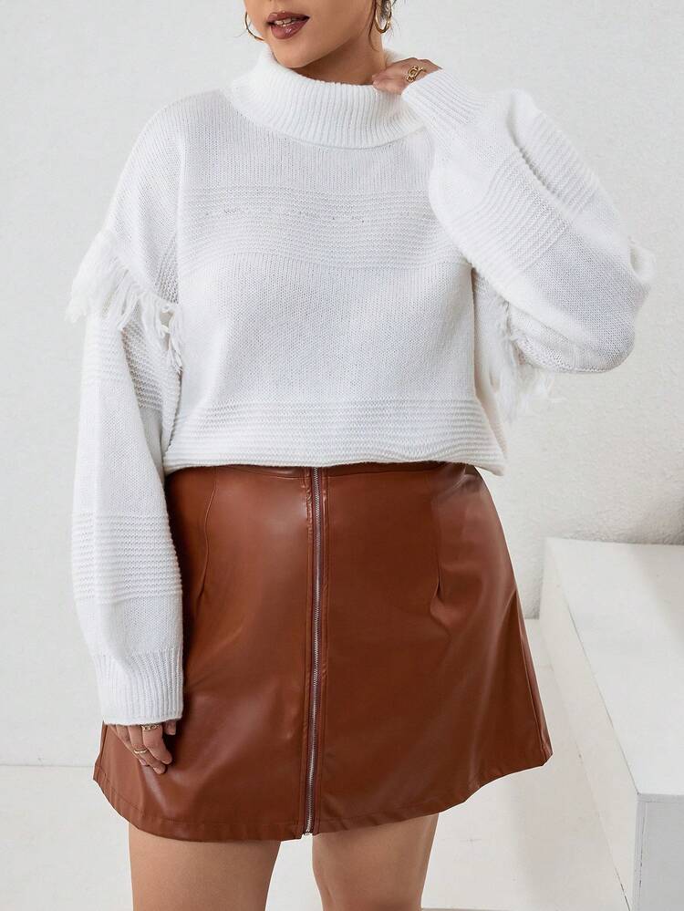 Plus Fringe Trim Turtleneck Drop Shoulder Sweater Knit Pullover Fall Winter Sweater