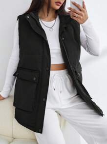 SHEIN EZwear 翻蓋口袋羽絨背心大衣 - 黑色 - 查看 5