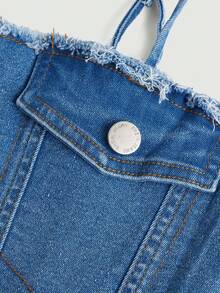 Teen Girl Flap Detail Frayed Trim Denim Top - Medium Wash - View 3