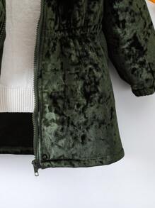 SHEIN Young Girl Fuzzy Trim Thermal Lined Hooded Coat Without Sweater - Olive Green - View 7