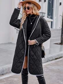 SHEIN Unity 对比色带帽系带绗缝加厚外套冬季服装 - 黑色 - 查看 6