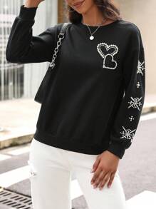 SHEIN LUNE Rhinestone Heart & Geo Graphic Drop Shoulder Sweatshirt Pullover Fall Sweatshirt - Black - View 2