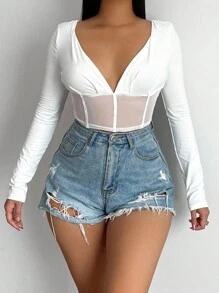 SHEIN SXY 深V領嵌入網紗短款T恤 - 白色 - 查看 5