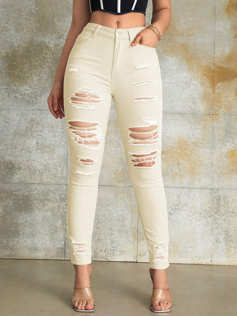 Street Vibes90年代高腰破洞緊身褲 - 米色 - 查看 1