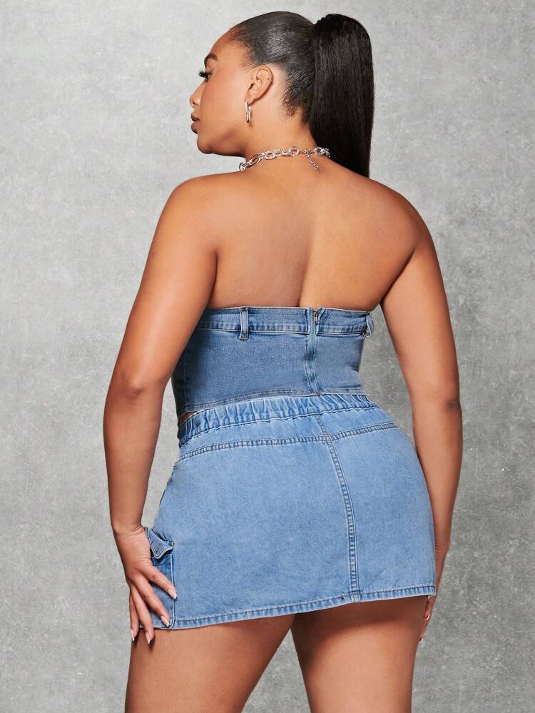Plus Flap Pocket Side Denim Skirt