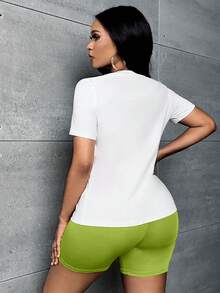 Slaydiva Letter Graphic Tee & Biker Shorts - Green - View 2