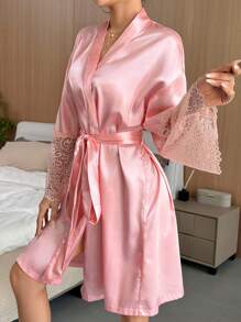 Contrast Lace Trumpet Sleeve Belted Satin Robe - Pink - View 1