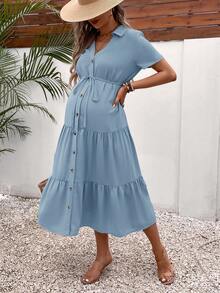 SHEIN Maternity Button Front Ruffle Hem Belted Shirt Dress
