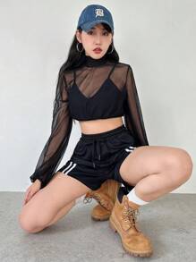 SHEINNeu Mock Neck Crop Mesh Top & Striped Tape Shorts - Black - View 5