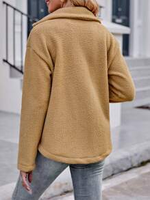 Chiquease Contrast Trim Drop Shoulder Teddy Coat - Khaki - View 2