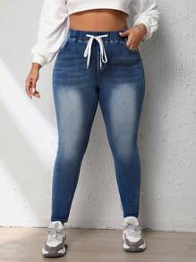 CovetEZ Plus Drawstring Waist Skinny Jeans - Dark Wash - View 5