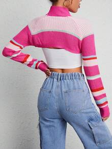 SHEIN PETITE 條紋圖案插肩袖短款毛衣 - 彩色 - 查看 2