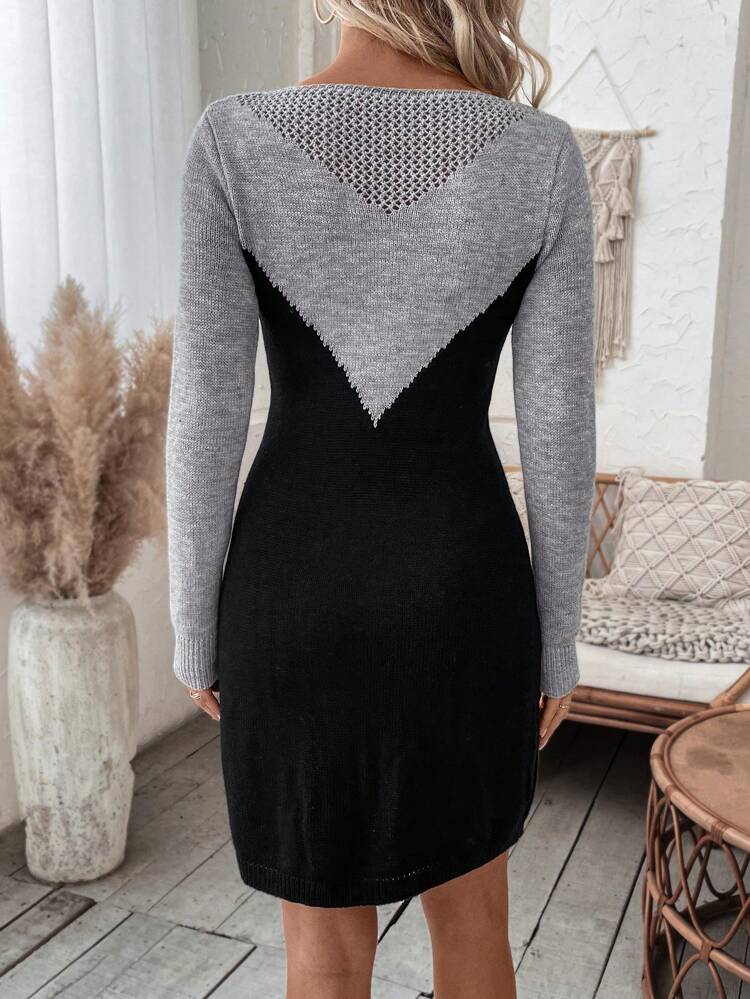 Two Tone Sweater Dress Fall Winter Cloth For Women